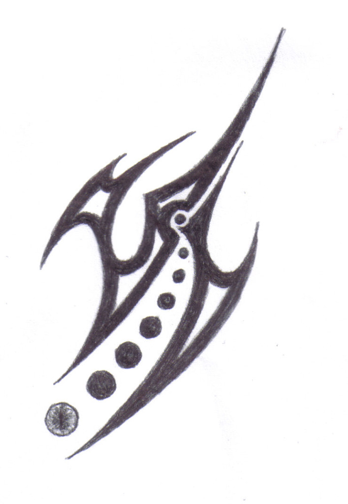 Abstract black pen drawing with circles and sharp shapes