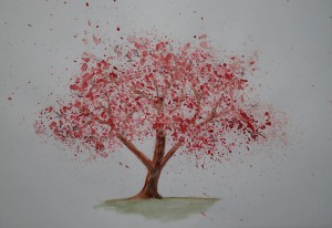 Watercolor Cherry Tree Painting with Red Leaves