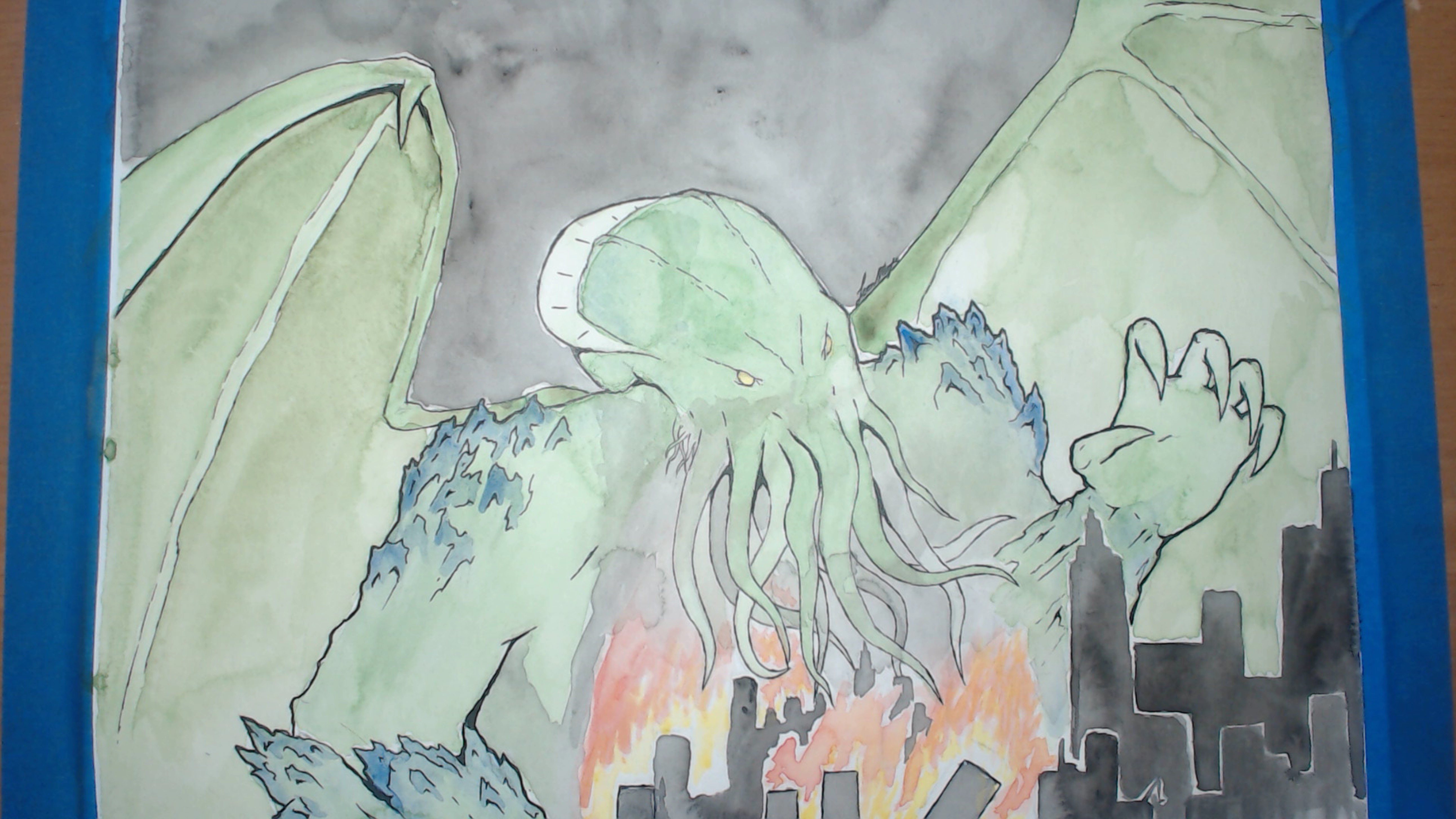 Cthulu Watercolor paining - Cthulu attacking a city