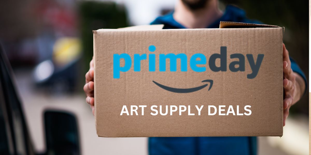 Prime Day art supply deals - Man holding a package with the words "Prime Day Art Supply Deals"