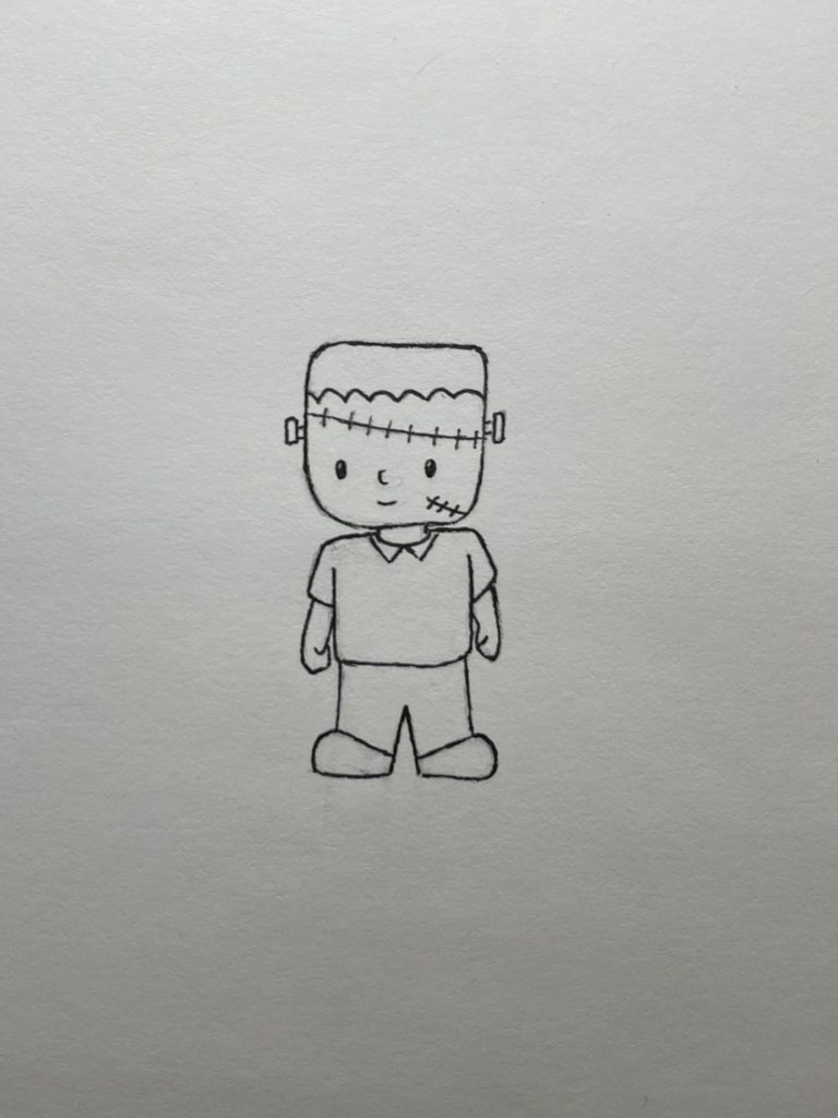 A cute and easy Frankenstein drawing that's smiling
