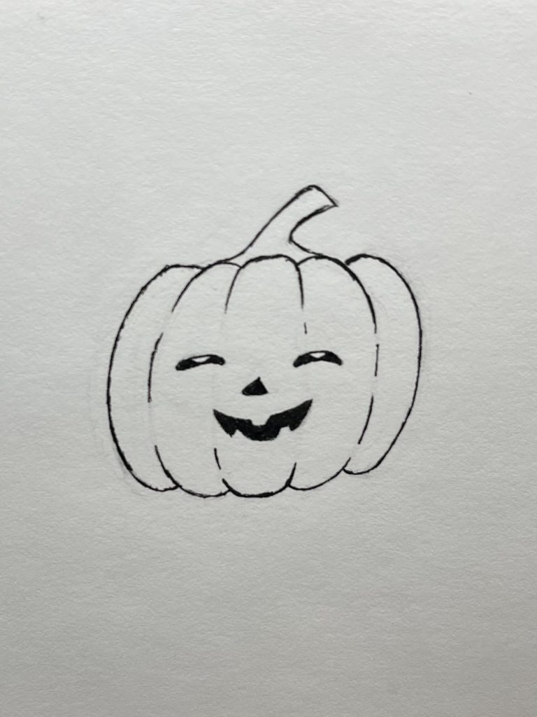An easy jack-o-lantern pumpkin drawing with a smile and suspiciously looks like he's high