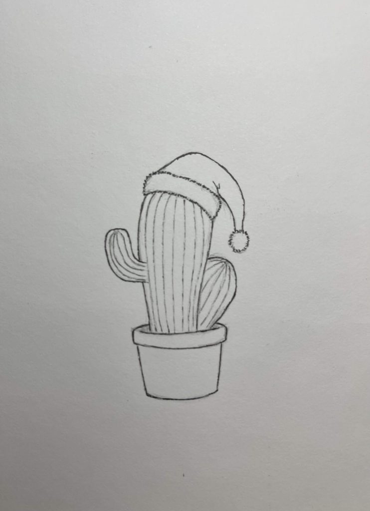 Drawing of a potted Christmas cactus wearing a Santa hat