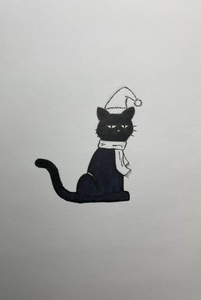 Drawing of a black cat wearing a scarf and Santa hat. Christmas cat