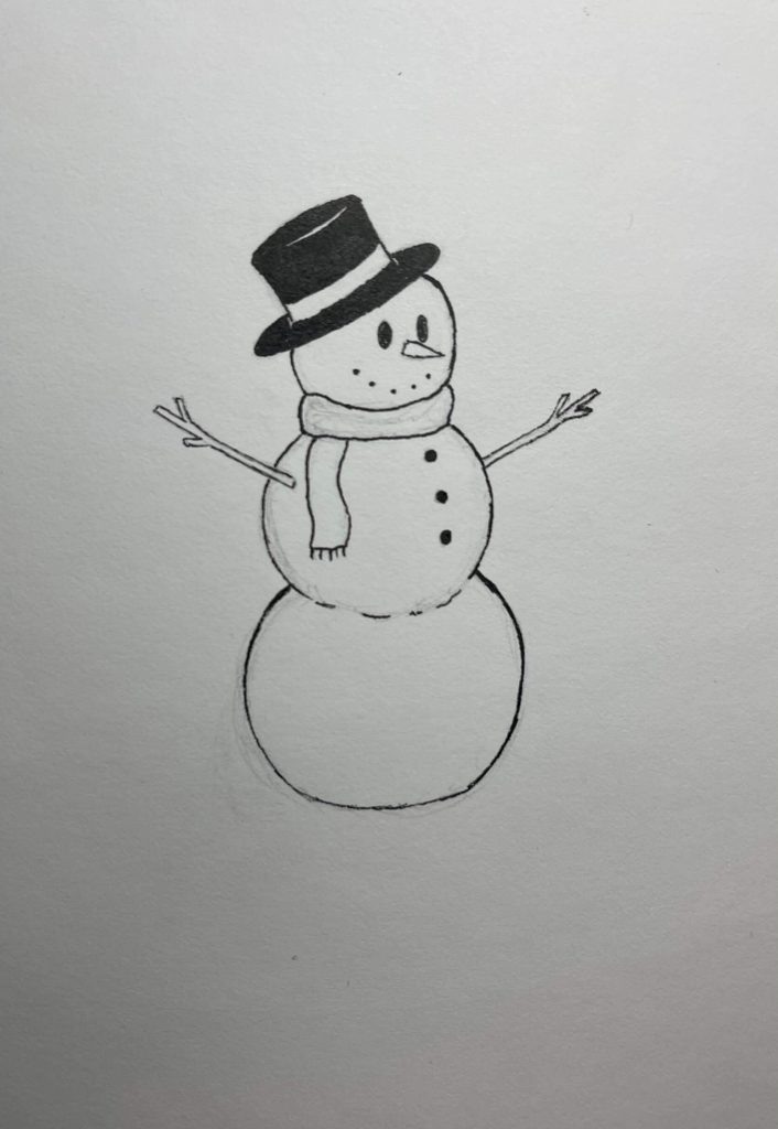 Simple drawing of a classic snowman with a black hat and scarf 