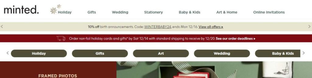 Minted.com screenshot advertising personalized Christmas gifts