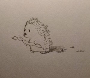 Cute pencil drawing of a hedgehog trying to make balloon animals but failing