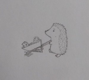 Cute pencil drawing of a hedgehog pushing a wheelbarrow with baby hedgehogs inside