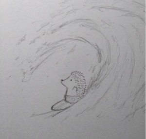 Cute pencil drawing of a hedgehog on a surfboard catching a wave in the ocean