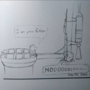 Cute pen drawing of hedgehogs re-enacting the scene in Star Wars where Darth Vader tells Luke (spoilers) he's his father 