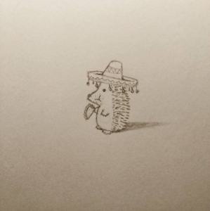 Cute pencil drawing of a hedgehog in a sombrero, holding and eating a taco