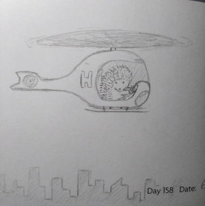 Cute pencil drawing of a hedgehog flying a helicopter and looking down at a cityscape