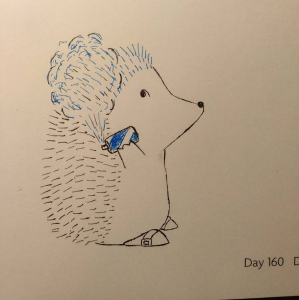 Cute hedgehog pen drawing of a hedgehog spray-painting his hair blue to be line Sonic the Hedgehog and wearing shoes like Sonic