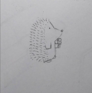 Simple, cute pencil drawing of hedgehog holding an ice cream cone